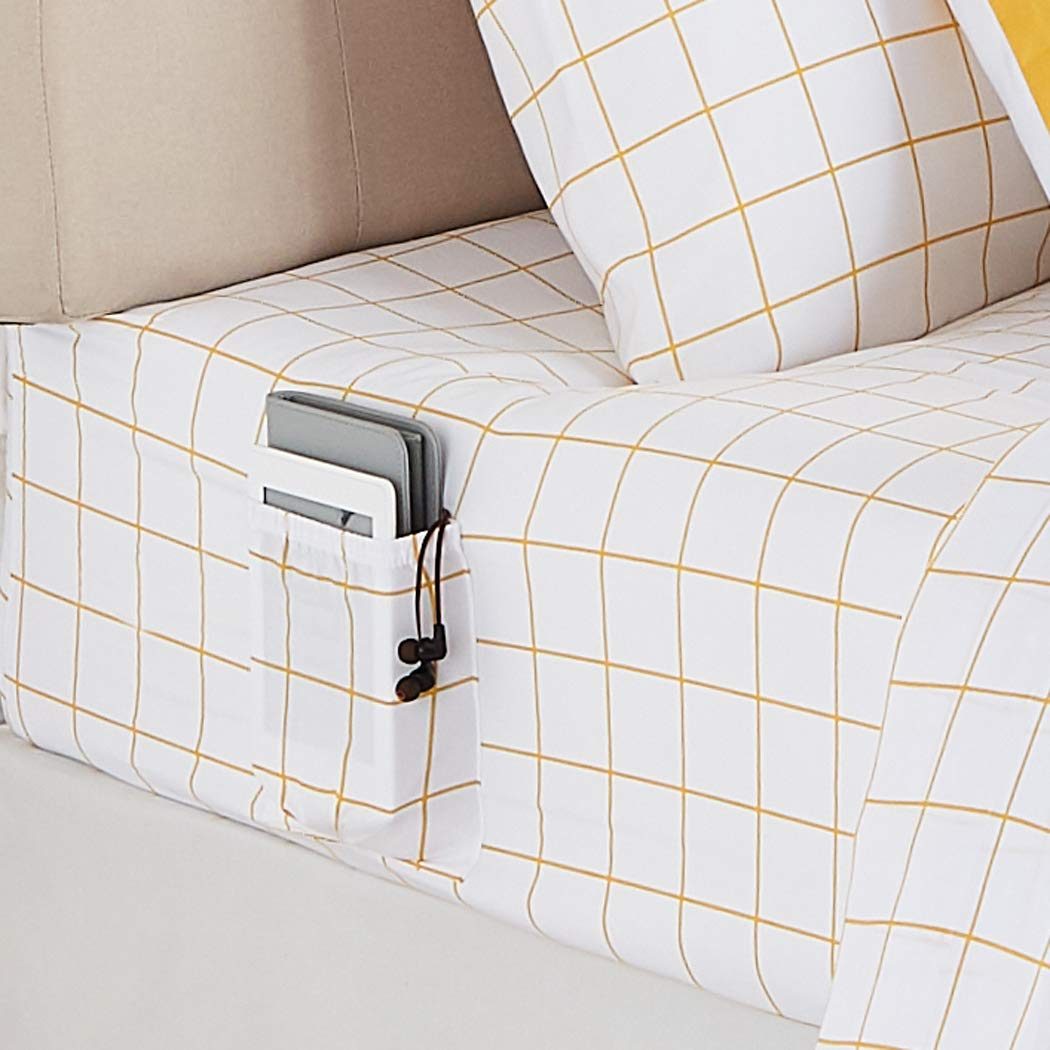 AmazonBasics College Dorm Bed-in-a-Bag with Elastic Storage Pockets - Full/Queen - Gold Grid