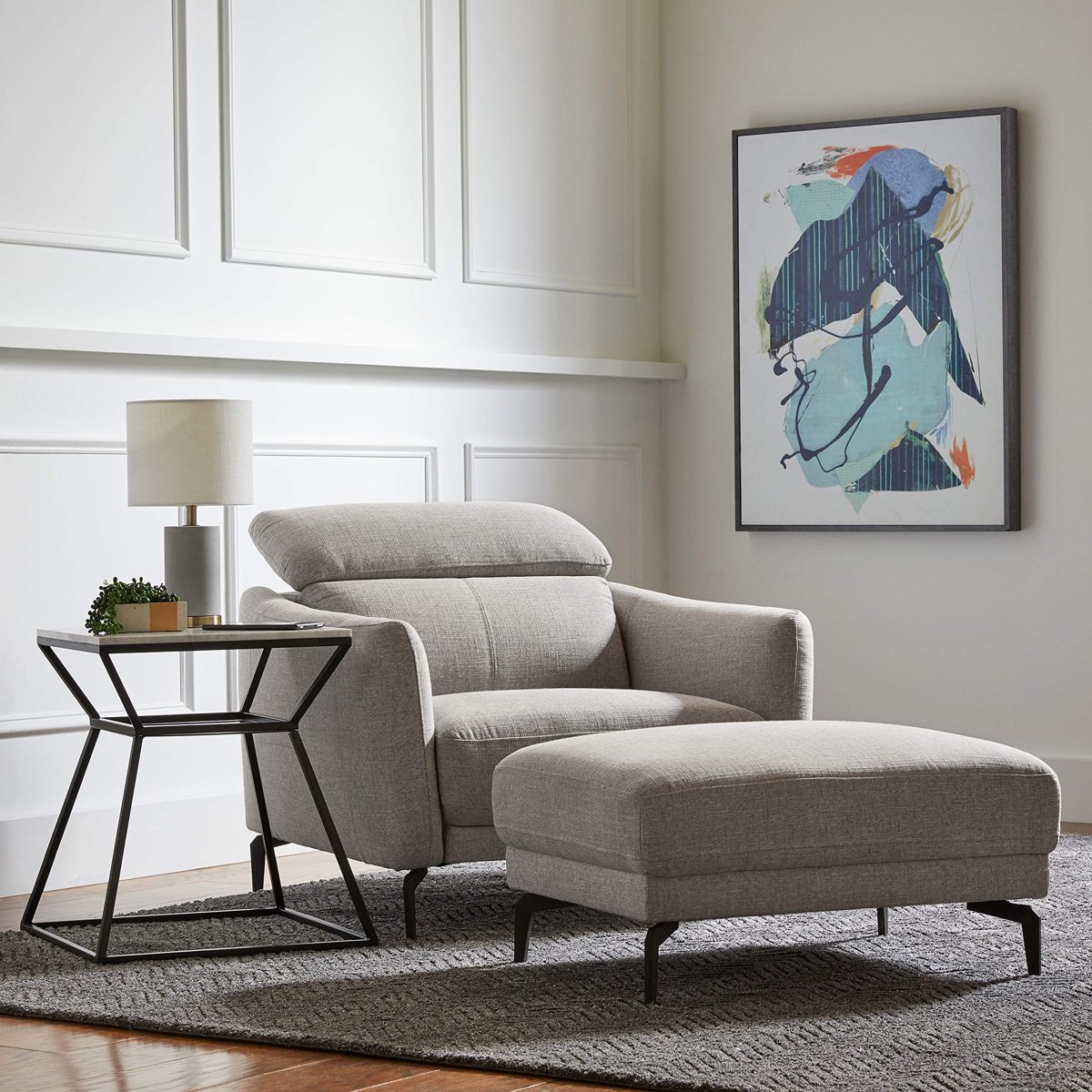Amazon Brand – Rivet Kaden Mid-Century Modern Leather Ottoman, 31"W, Light Grey