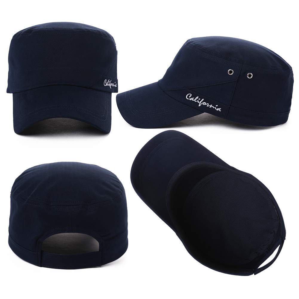 Jeff & Aimy Mens Cotton Military Cadet Army Cap Flat Top Baseball Hats Outdoor Casual Summer Sun Hat Adjustable 56-60CM Navy