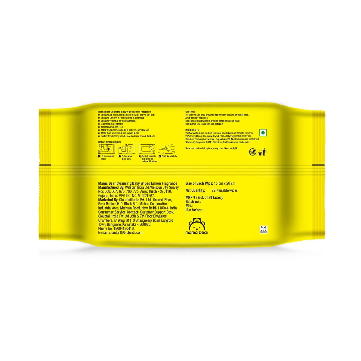 Amazon Brand - Mama Bear Cleansing Baby Wet Wipes, Lemon - 72 Pcs (Pack of 3)