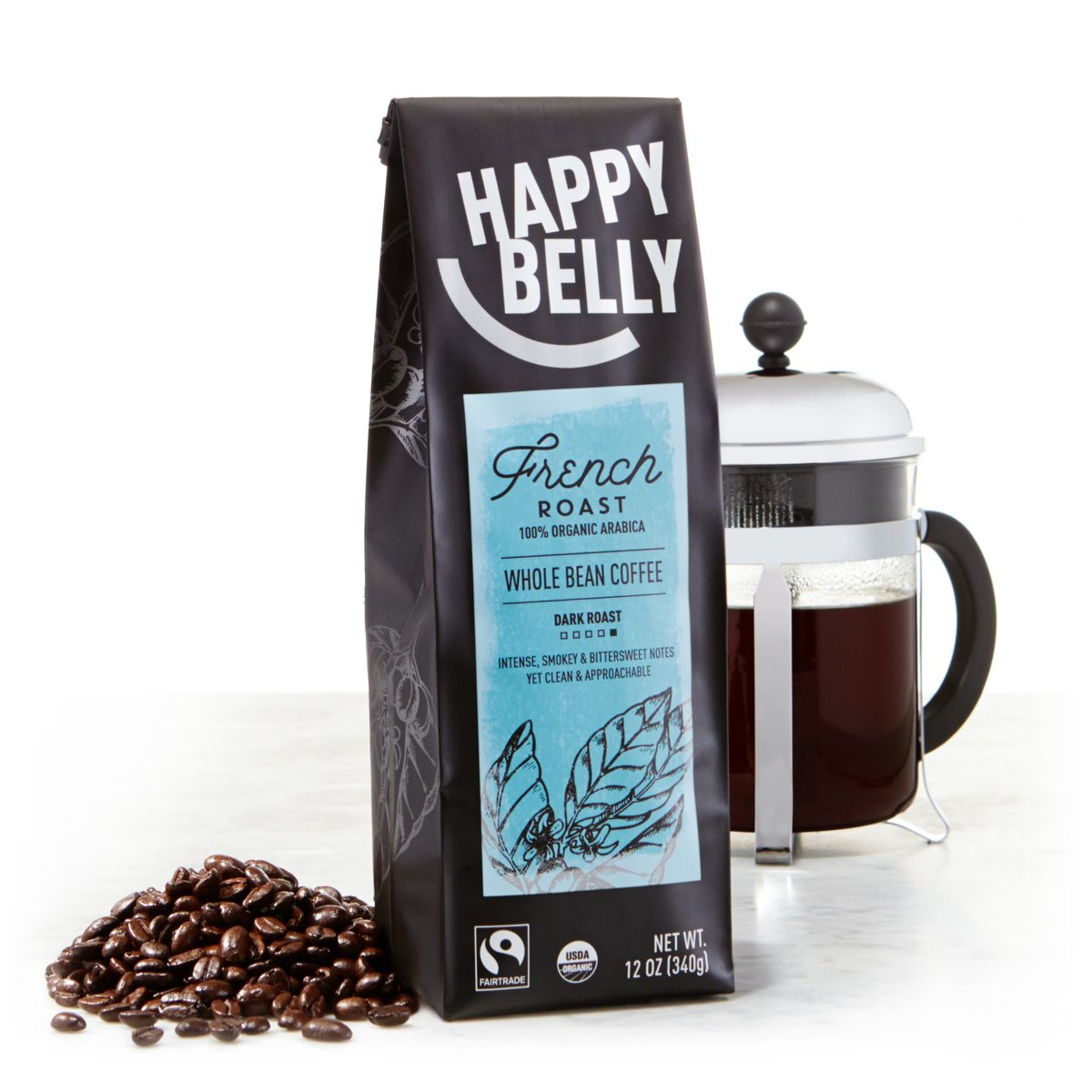 Amazon Brand - Happy Belly French Roast Organic Fairtrade Coffee, Dark Roast, Whole Bean, 12 ounce