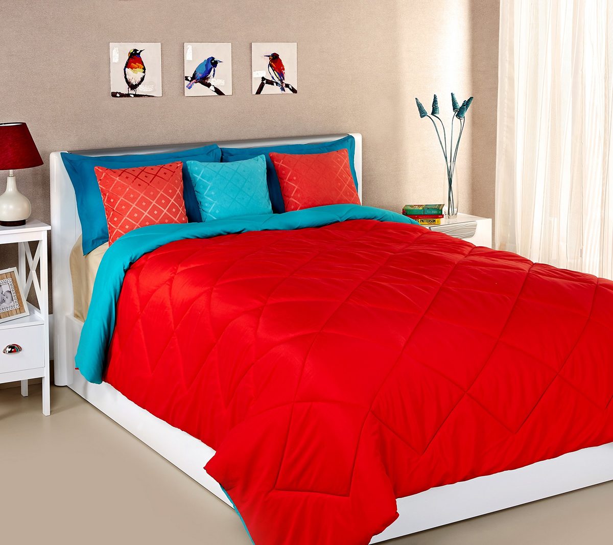 Amazon Brand - Solimo Microfiber Reversible Comforter, Double (Ruby Red & Aqua Blue, 200 GSM)