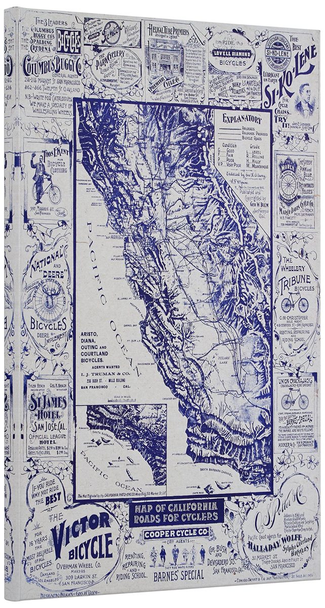 Amazon Brand – Rivet Blue 1897 Map of California Roads for Cyclers Canvas Print Wall Art, 16" x 24"