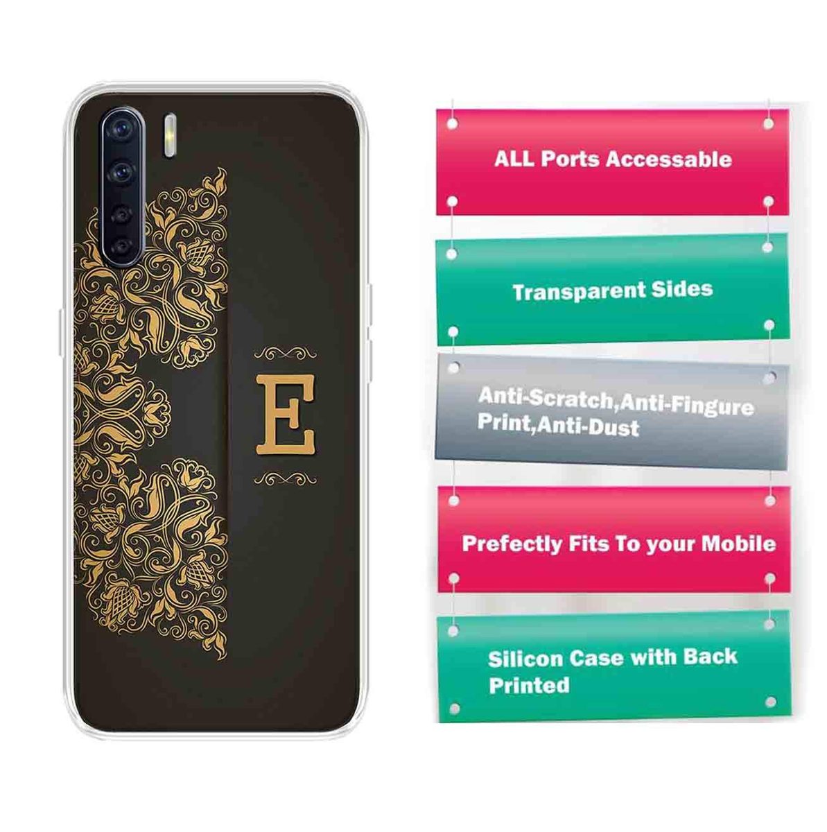Amazon Brand - Solimo Designer Multicolor Black Pattern Alphabet-E Printed Soft Back Case Mobile Cover for Oppo F15