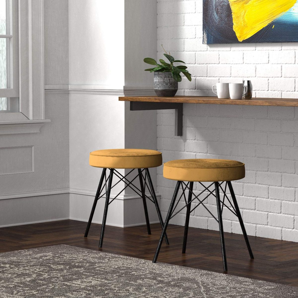 Rivet Stevie Mid-Century Modern Bar Stool, 30"H, Pack of 2, Yellow