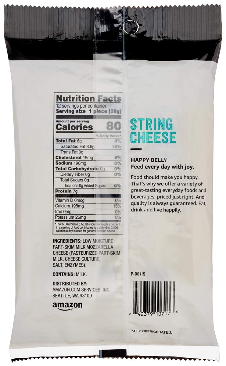 Amazon Brand - Happy Belly Mozzarella String Cheese, 12 Count, 12 Ounce Pack