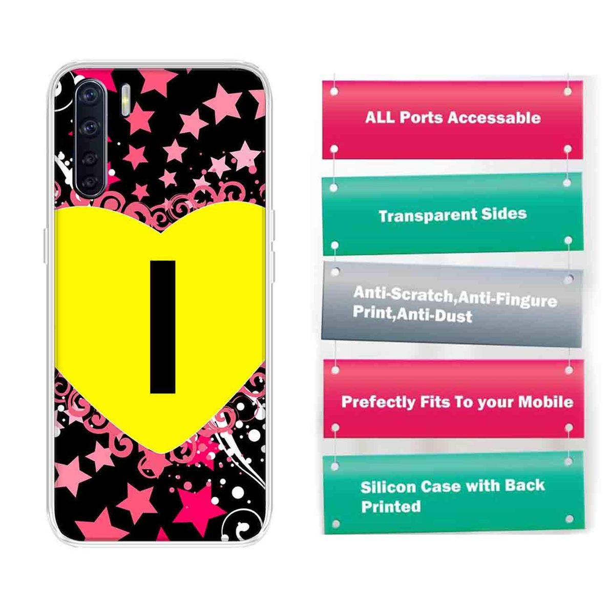 Amazon Brand - Solimo Designer Multicolor Heart Pattern Alphabet-I Printed Soft Back Case Mobile Cover for Oppo F15