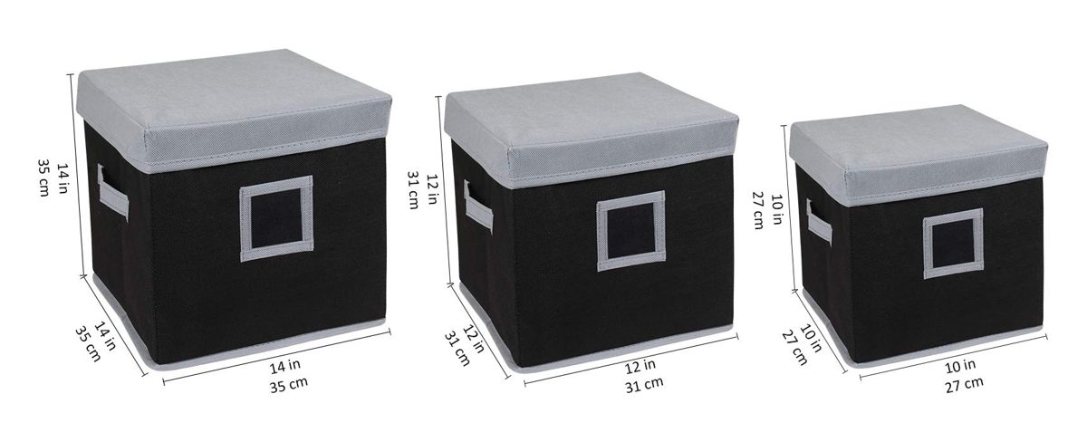 Amazon Brand - Solimo Fabric Storage Box with Lid Set, 3 Piece, Black and Grey