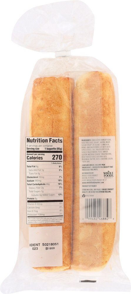 Whole Foods Market Presliced Soft French Plain Baguette, 4 Ct
