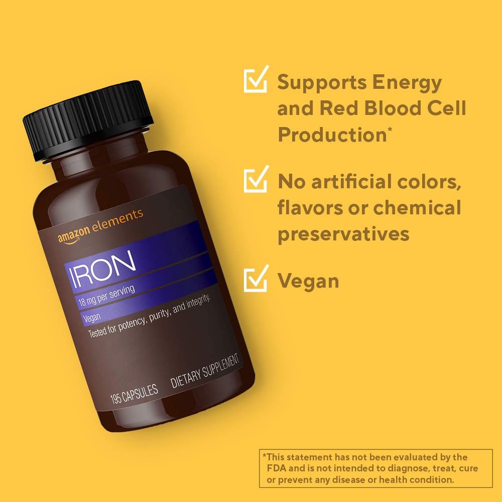 Amazon Elements Iron 18mg, Supports Red Blood Cell Production, Vegan, 195 Capsules, 6 month supply (Packaging may vary)
