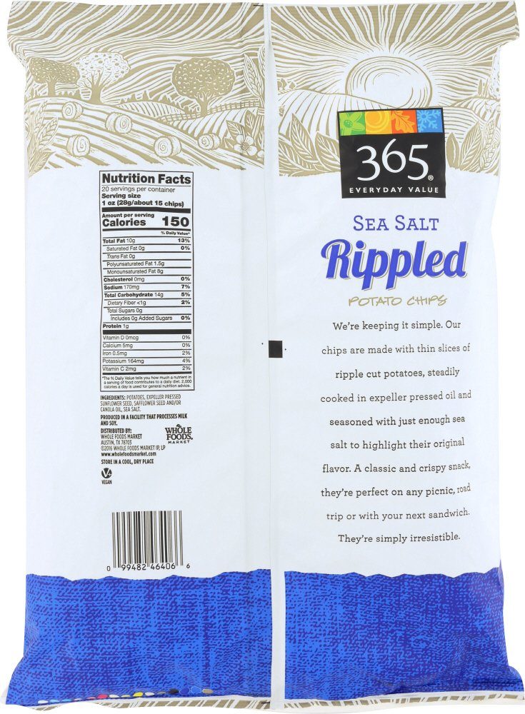 365 Everyday Value, Rippled Potato Chips, Sea Salt, 20 oz