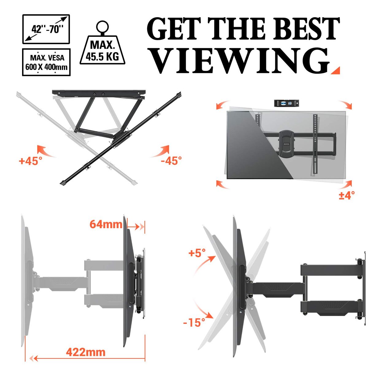 Eono Essentials PL2617 TV Wall Mount with Double Arm for Most 42-70 Inch LED, LCD, OLED, Plasma TVs up to 45.5 kg with Max. VESA 600 x 400 mm