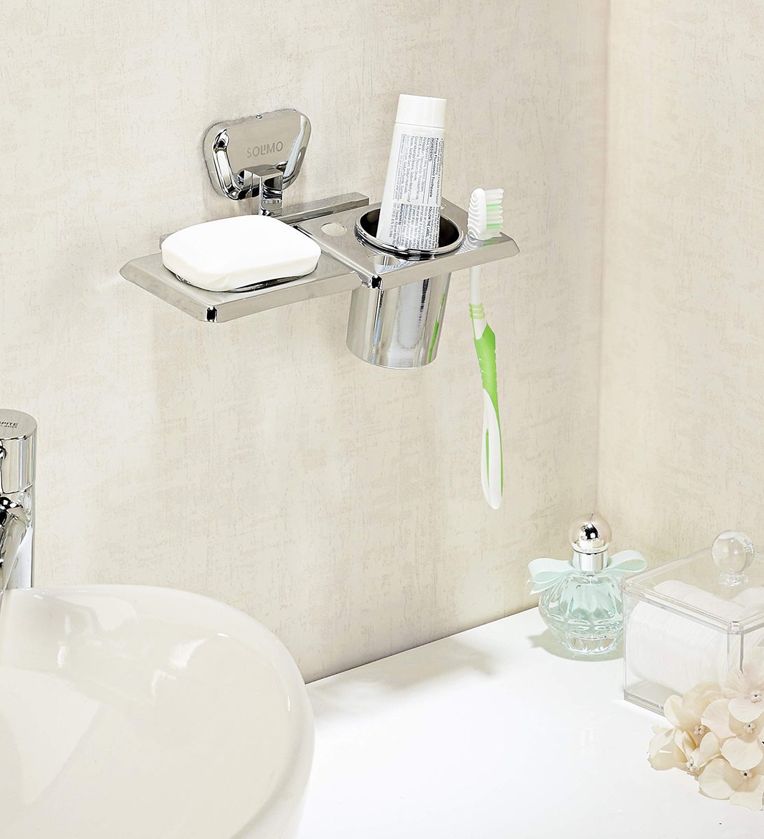 Amazon Brand - Solimo Fitz Stainless Steel Soap Holder with Toothbrush Tumbler