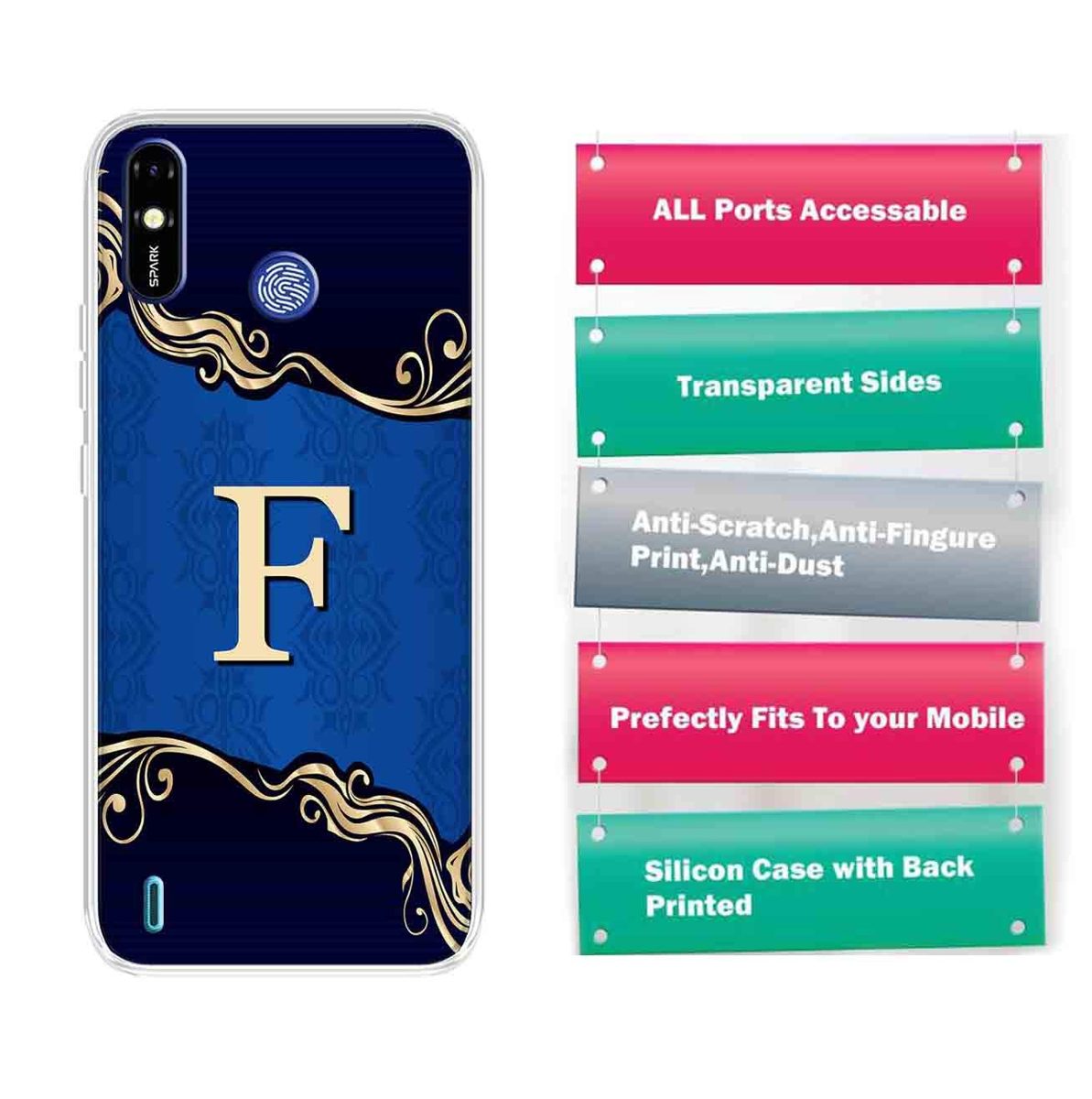 Amazon Brand - Solimo Designer Multicolor Blue Pattern Alphabet-F Printed Soft Back Case Mobile Cover for Tecno Spark Go Plus