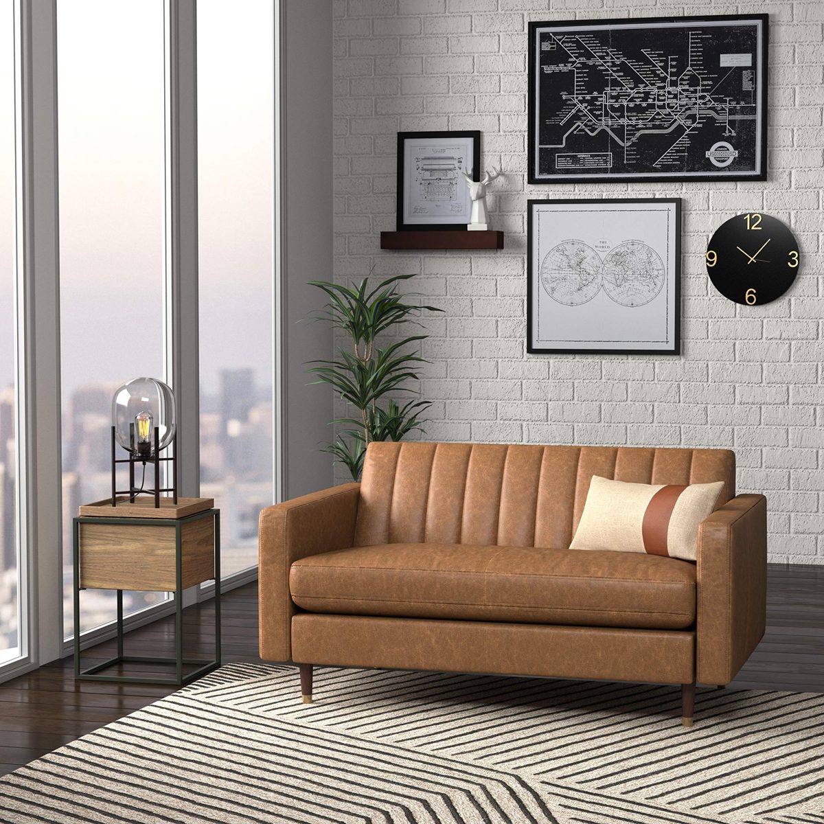 Amazon Brand – Rivet Damien Mid-Century Modern Channel-Backed Loveseat, 61"W, Leather, Cognac