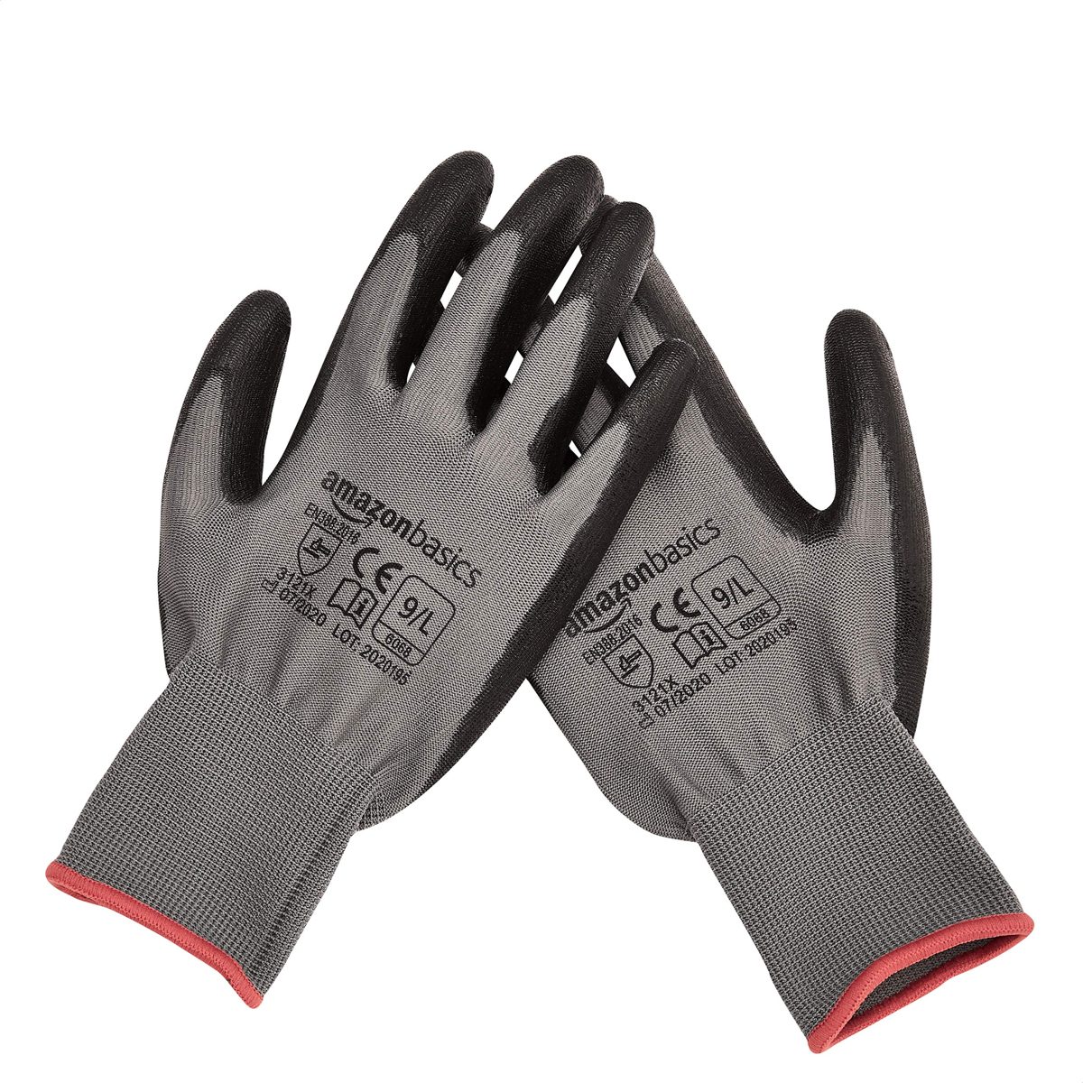 AmazonBasics Polyurethane-Coated Work Gloves, Polyester Liner Fibre, Touch Screen, Grey, Size 9, L, 12 Pairs
