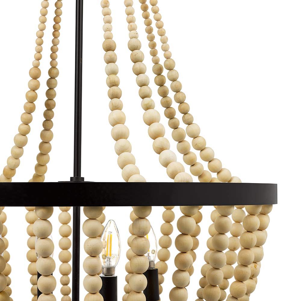 Amazon Brand – Stone & Beam Modern Farmhouse Wood Bead Chandelier Ceiling Fixture With 4 LED Light Bulbs - 24 x 24 x 45.5 Inches, Natural