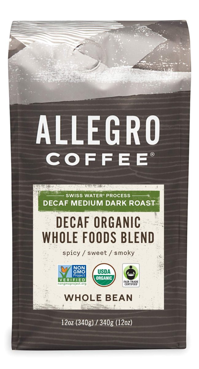 ALLEGRO COFFEE Organic Decaf Whole Foods Blend Whole Bean Coffee, 12 OZ