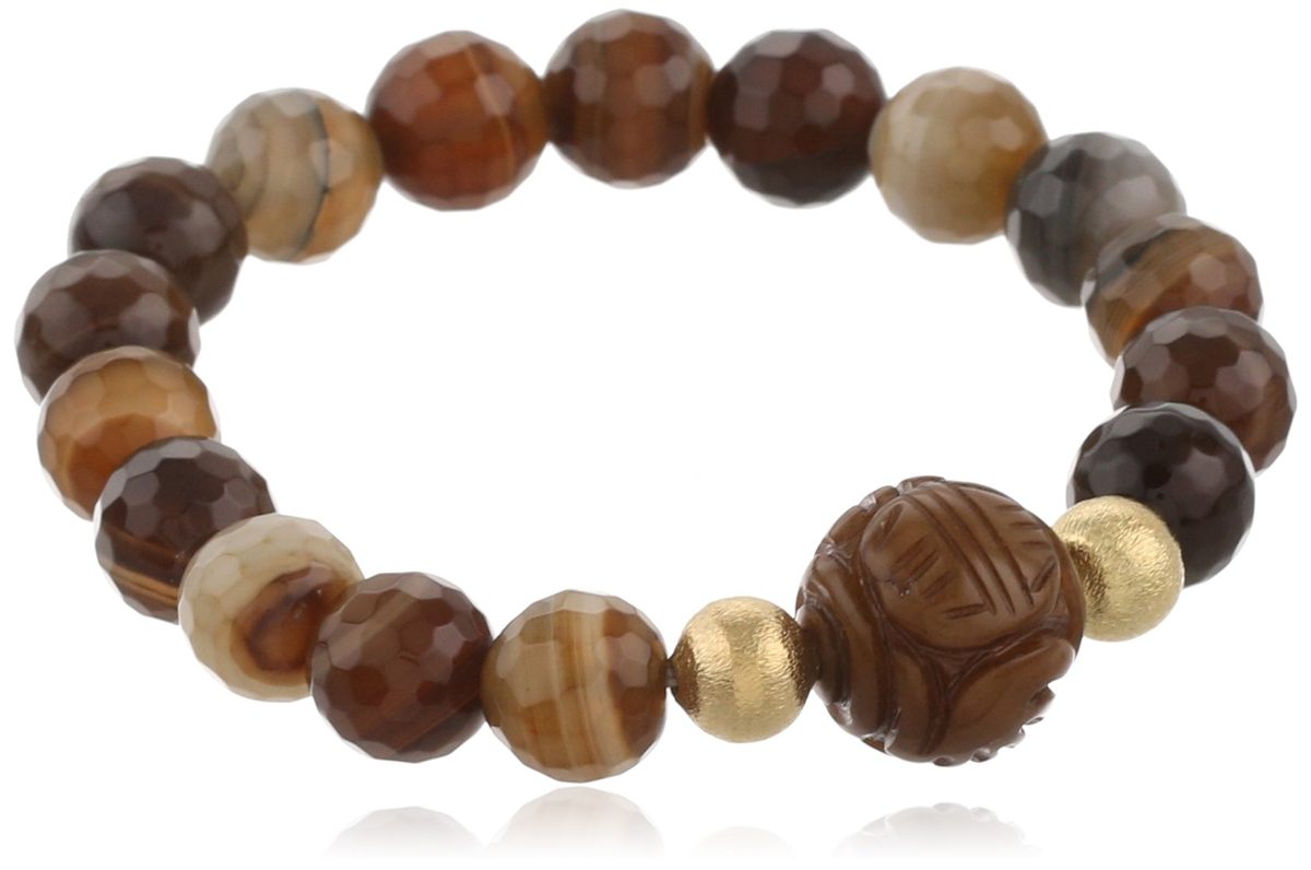 Brown and Cream Color Faceted Dyed Agate with Brown Tone Marble Carved Center Bead Stretch Bracelet, 7.5"