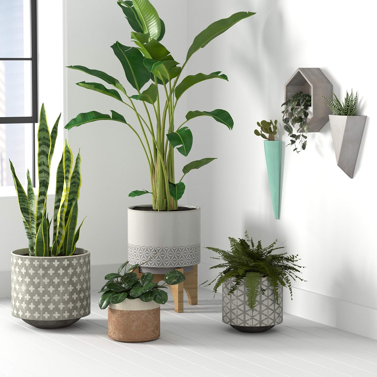 Amazon Brand – Rivet Rustic Cross-Patterned Stoneware Planter, 8.85"H, White and Gray