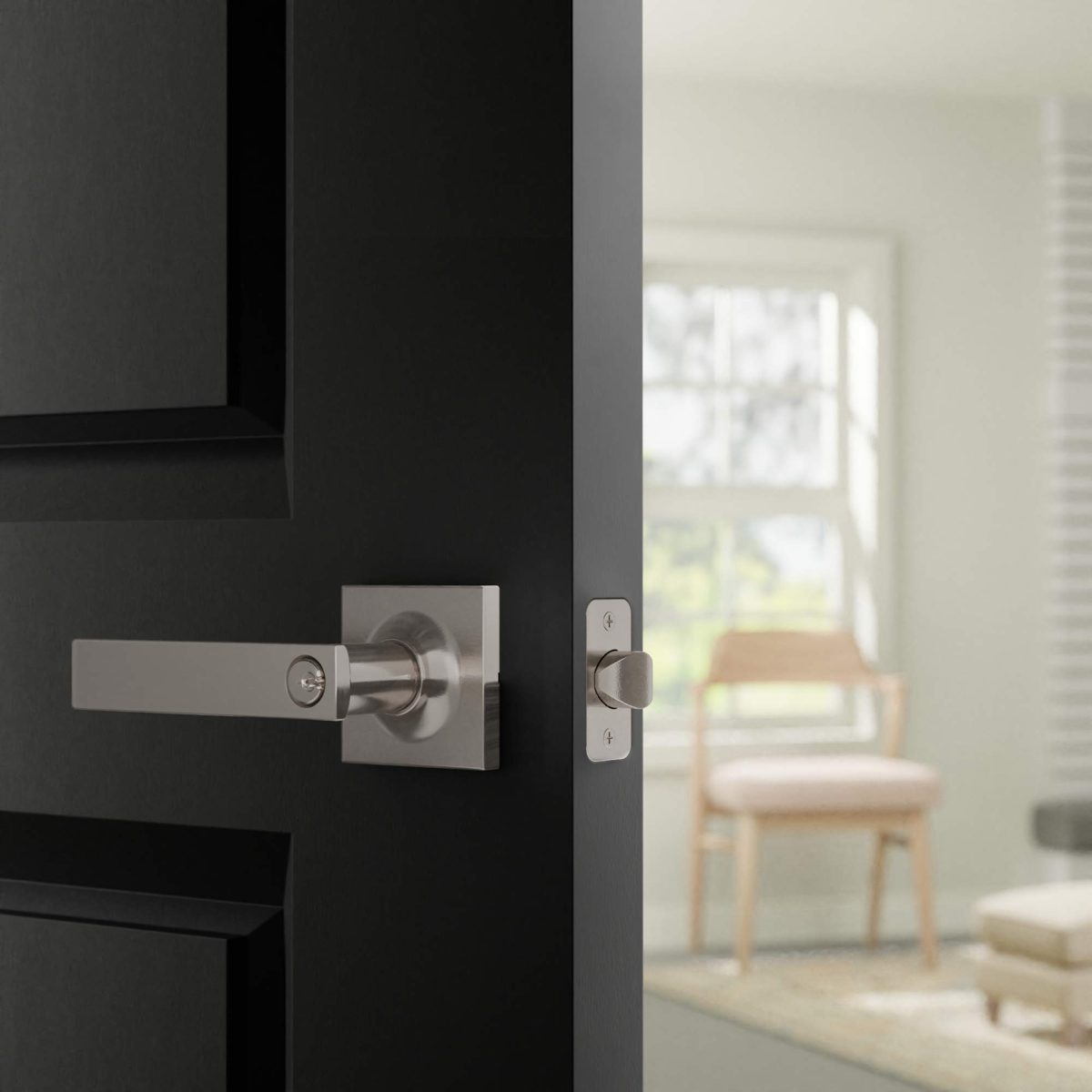 AmazonBasics Contemporary Stamford Door Lever with Lock, Entry, Satin Nickel