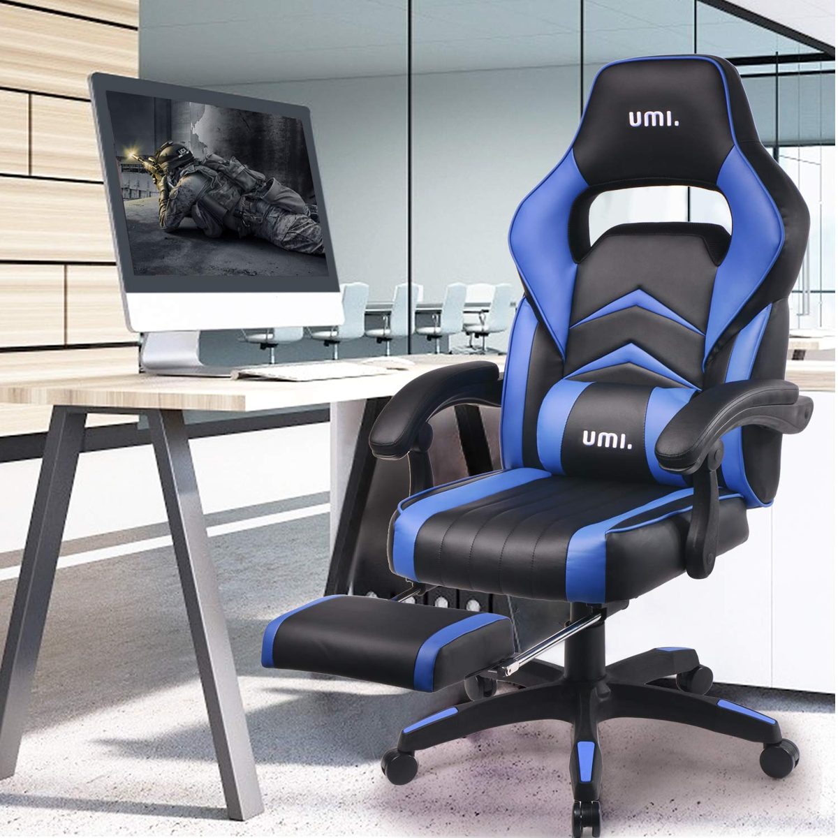 UMI Gaming Chair Office Chair with Footrests Gamer Swivel Chair Height-Adjustable Gaming Chair PC Chair Ergonomic Executive Chair with Armrests