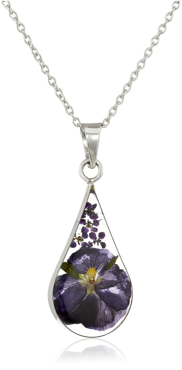 Sterling Silver Pressed Flower Teardrop Pendant Necklace, 16"
