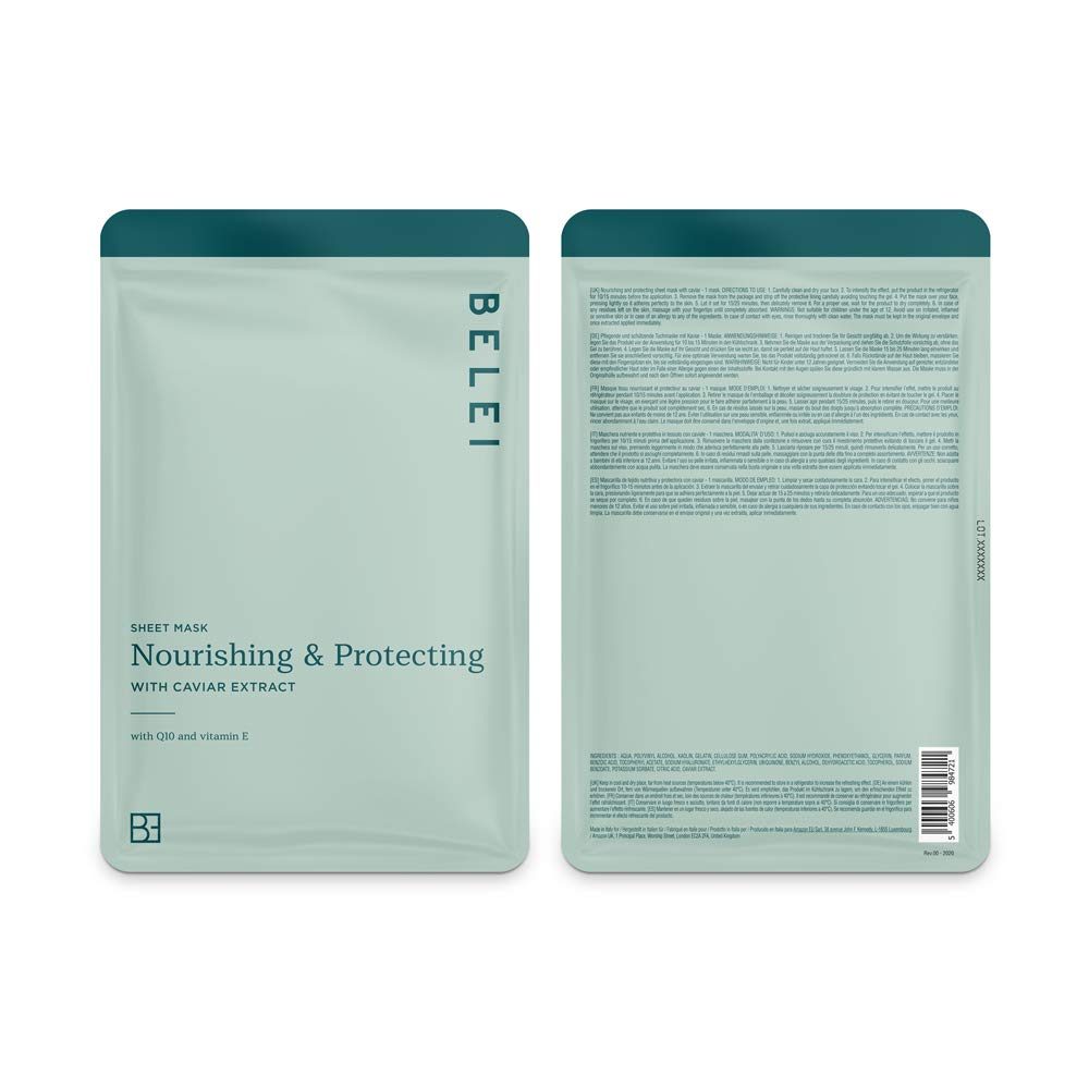 Amazon Brand - Belei - Nourishing and Protecting Sheet Mask with Caviar Extract, Pack of 10