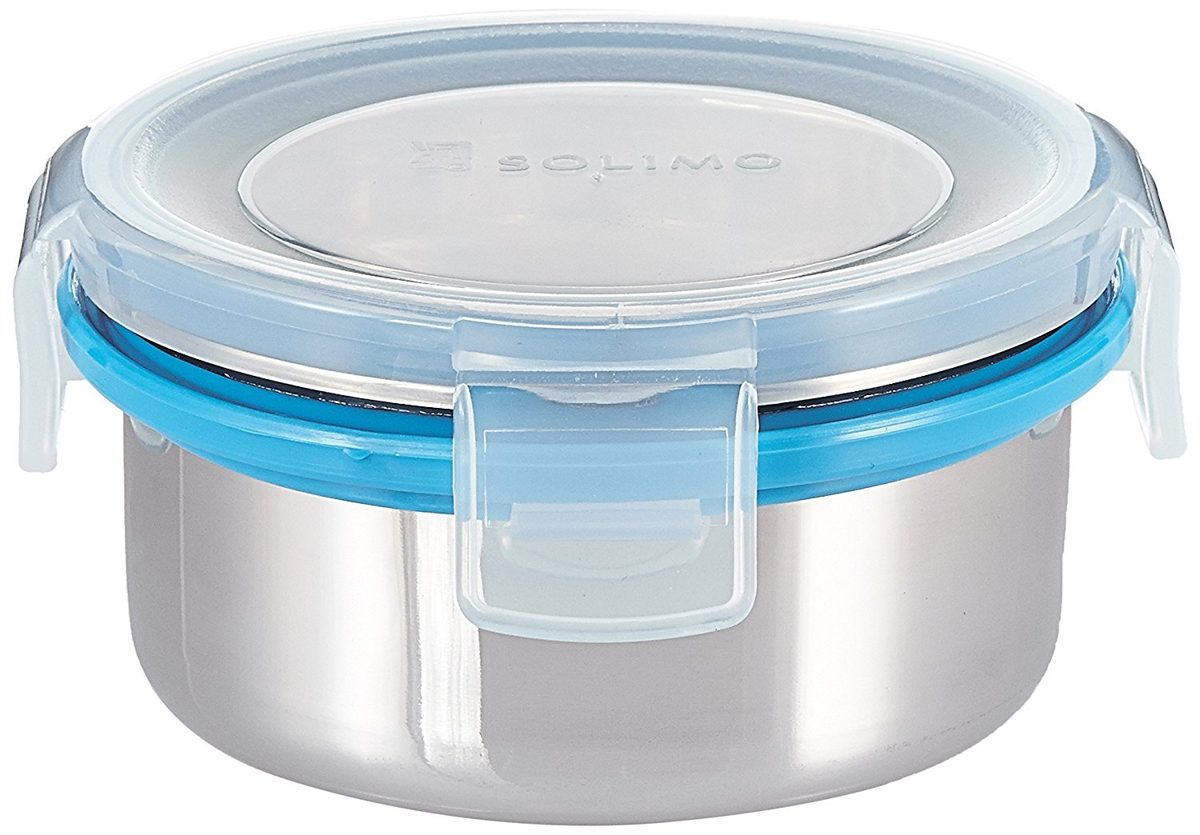 Amazon Brand - Solimo Stainless Steel Lunch Box Set with Bag, 300ml, 11cm Diameter, 4-Pieces, Clear Lid