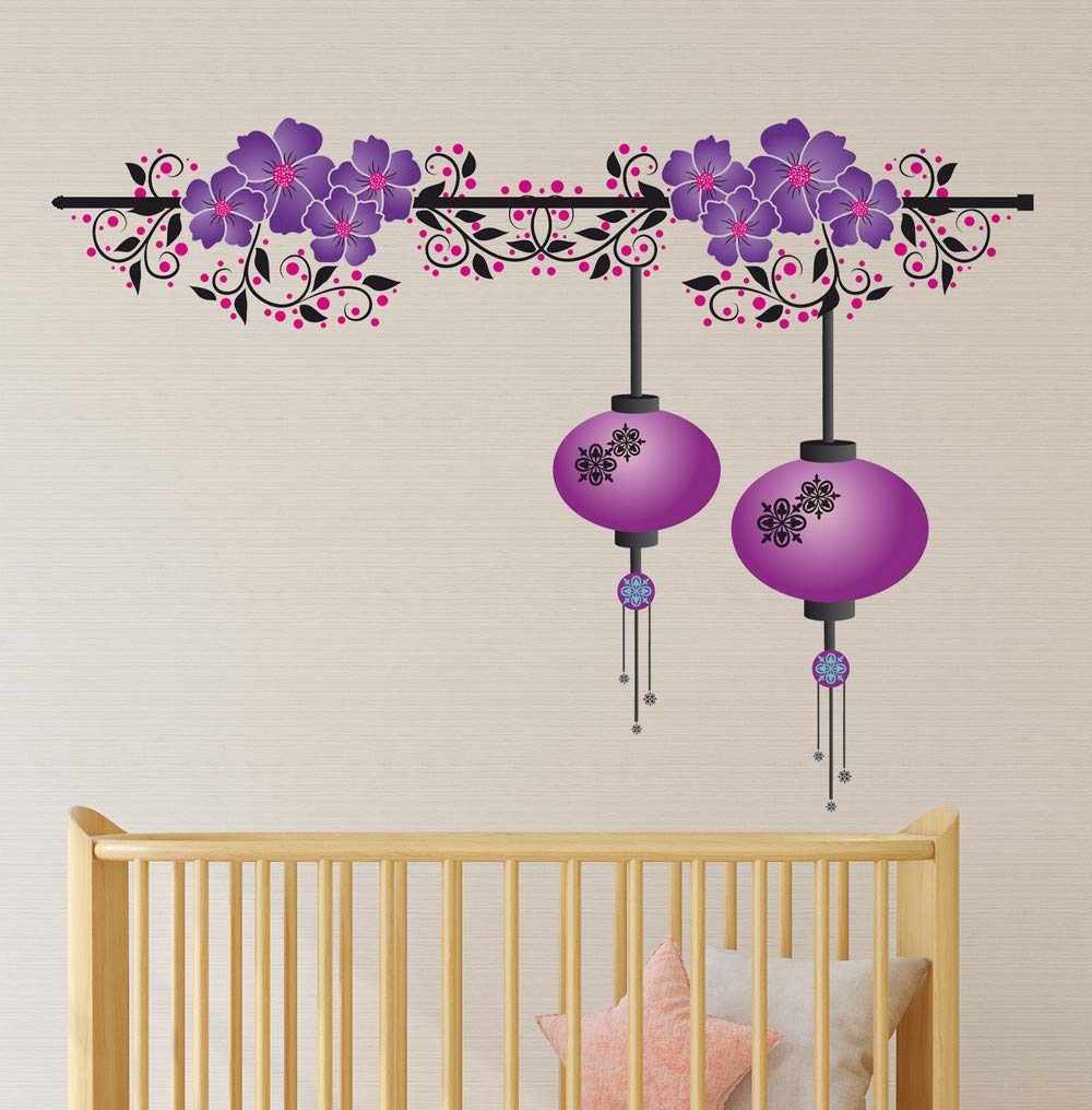 Amazon Brand - Solimo Wall Sticker for Living Room (Lanterns on a Floral Branch, Ideal Size on Wall - 143 cm x 101 cm)