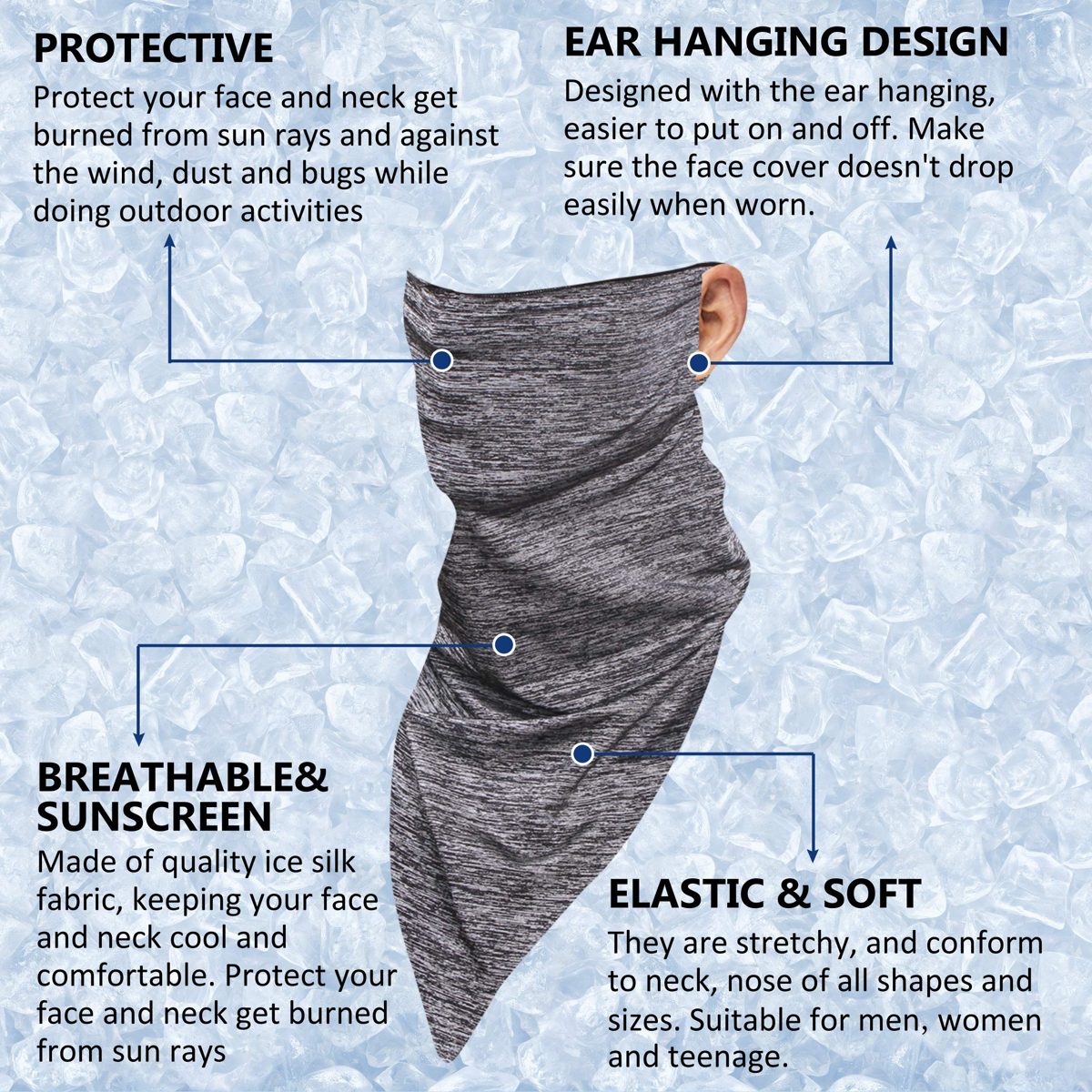 Molemsx Neck Gaiter with Earloop Reusable for Cooling Face Face Scarf Bandana Ear Loops Mouth for Cycling Fishing Camping Motorcycle,Grey