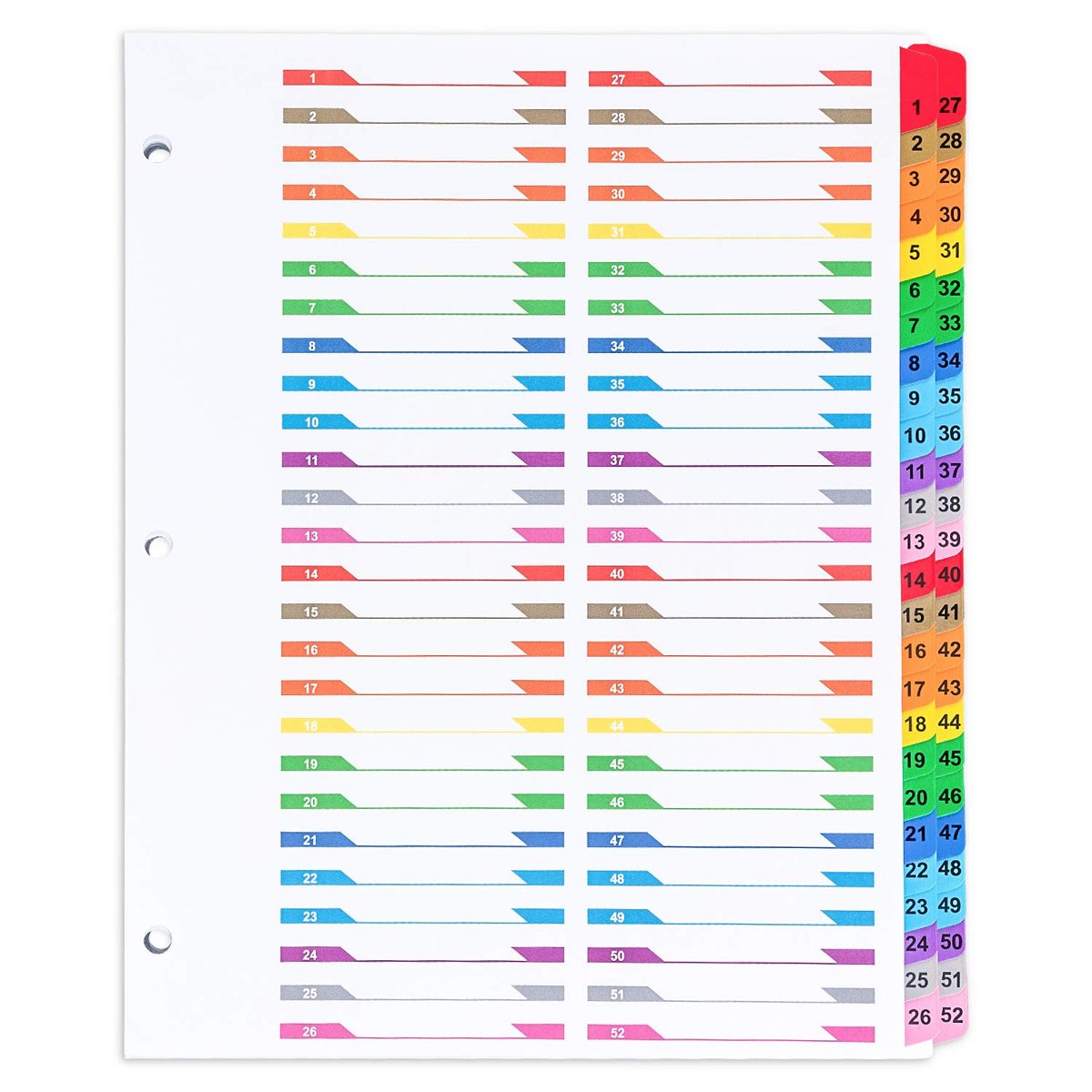Amazonbasics 52-Tab Paper Binder Divider,Numbered, Multi-Color, 1 Set