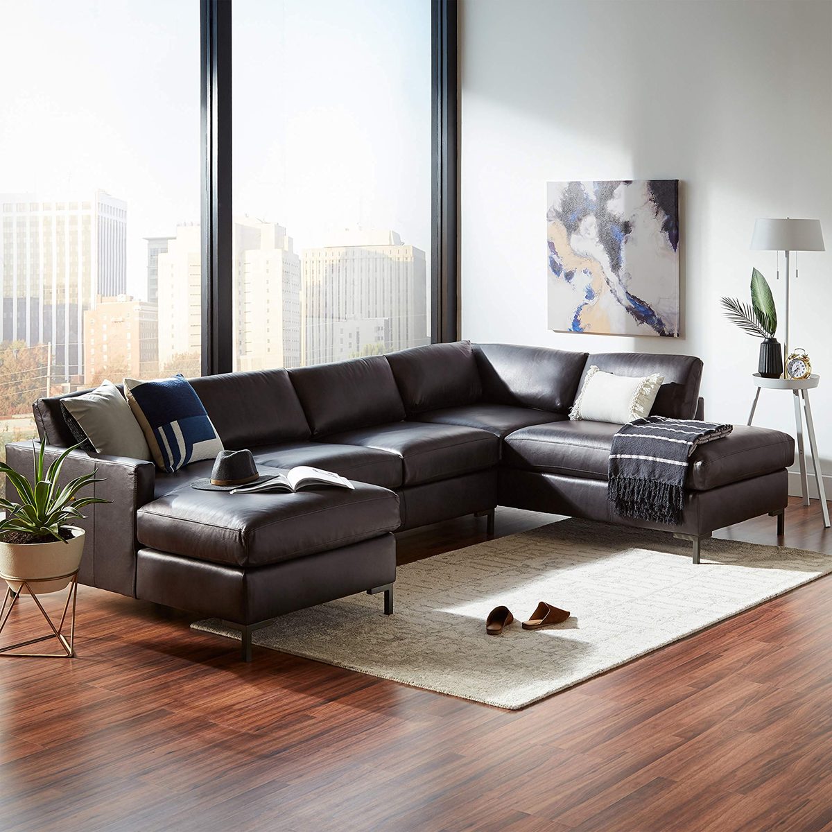 Amazon Brand – Rivet Edgewest Modern Right-Facing U-Shape Sectional, Leather, 117"W, Charcoal