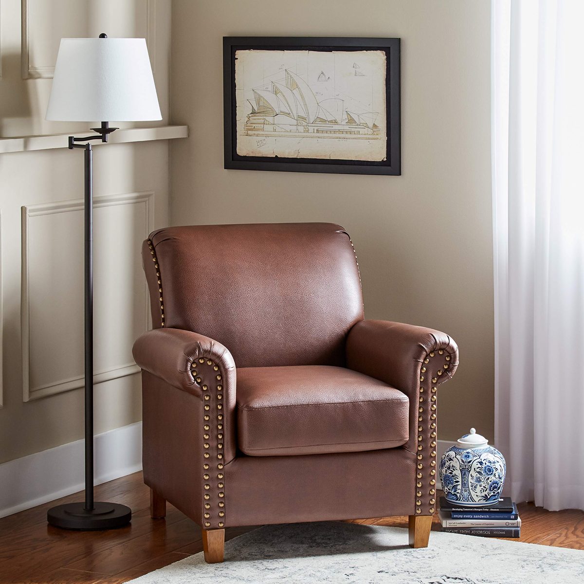 Amazon Brand – Ravenna Home Rolled Arm Nailhead Accent Chair, 35"W