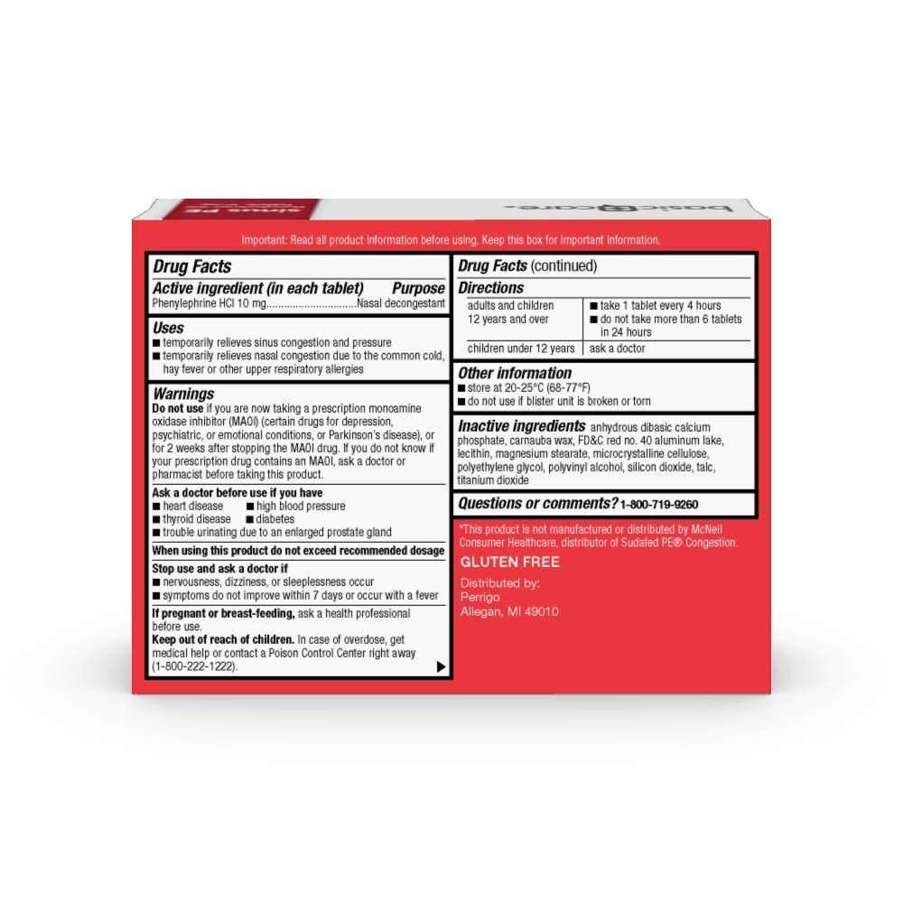 Amazon Basic Care Maximum Strength Nasal Decongestant PE, Phenylephrine HCl, 10 mg tablets. Nasal and Sinus Congestion, Sinus Pressure, 36 Count