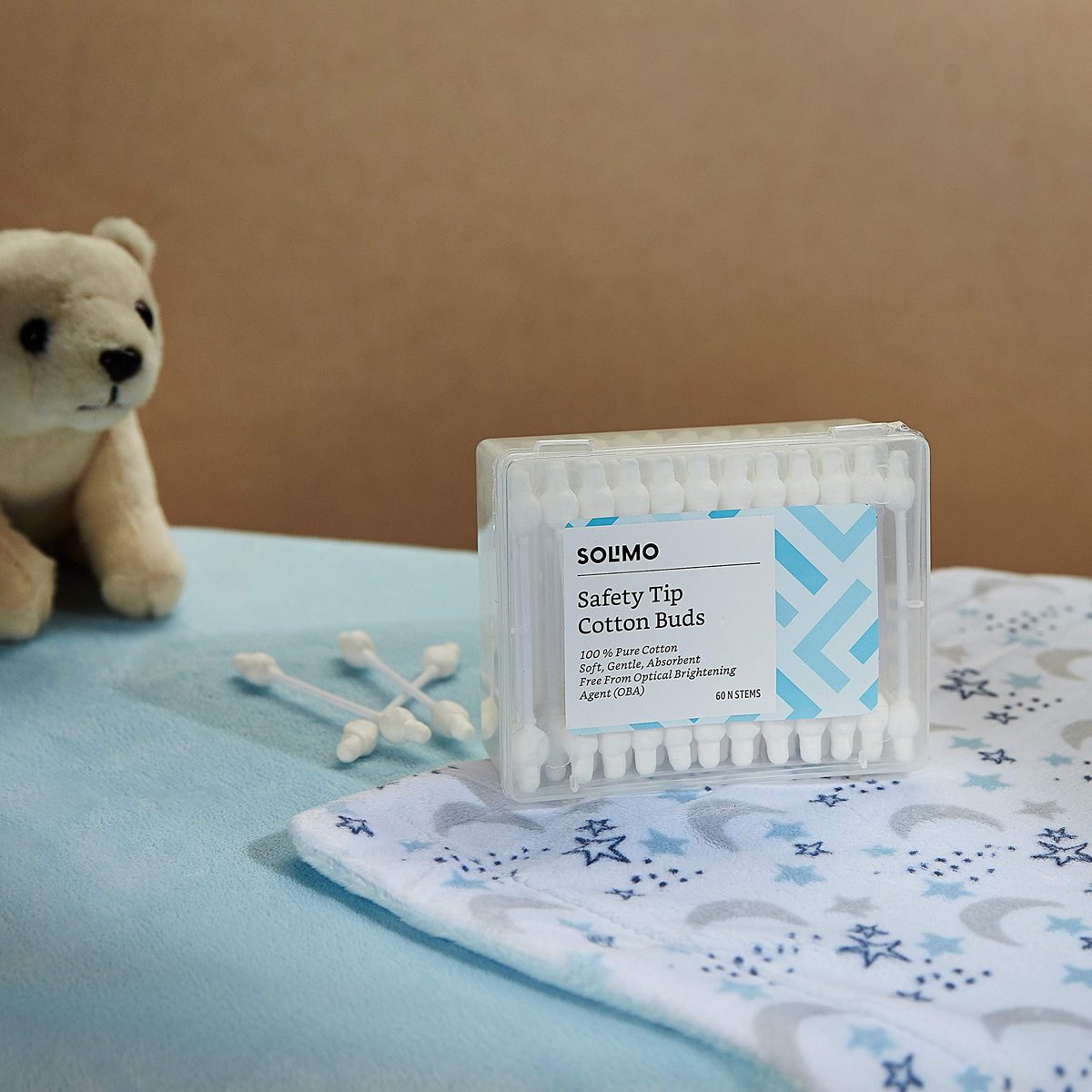 Amazon Brand - Solimo Safety Tip Baby Cotton Buds with Ear Protection - 60 Sticks (Pack of 2)