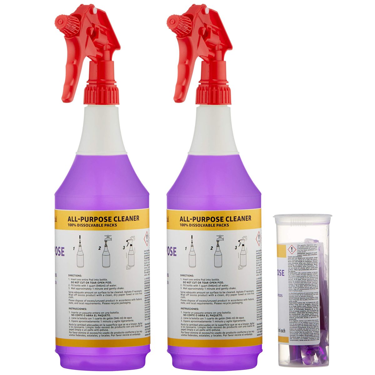 AmazonCommercial Dissolvable All-Purpose Cleaner Kit with 2 Sprayer Bottles and 12 Refill Pacs