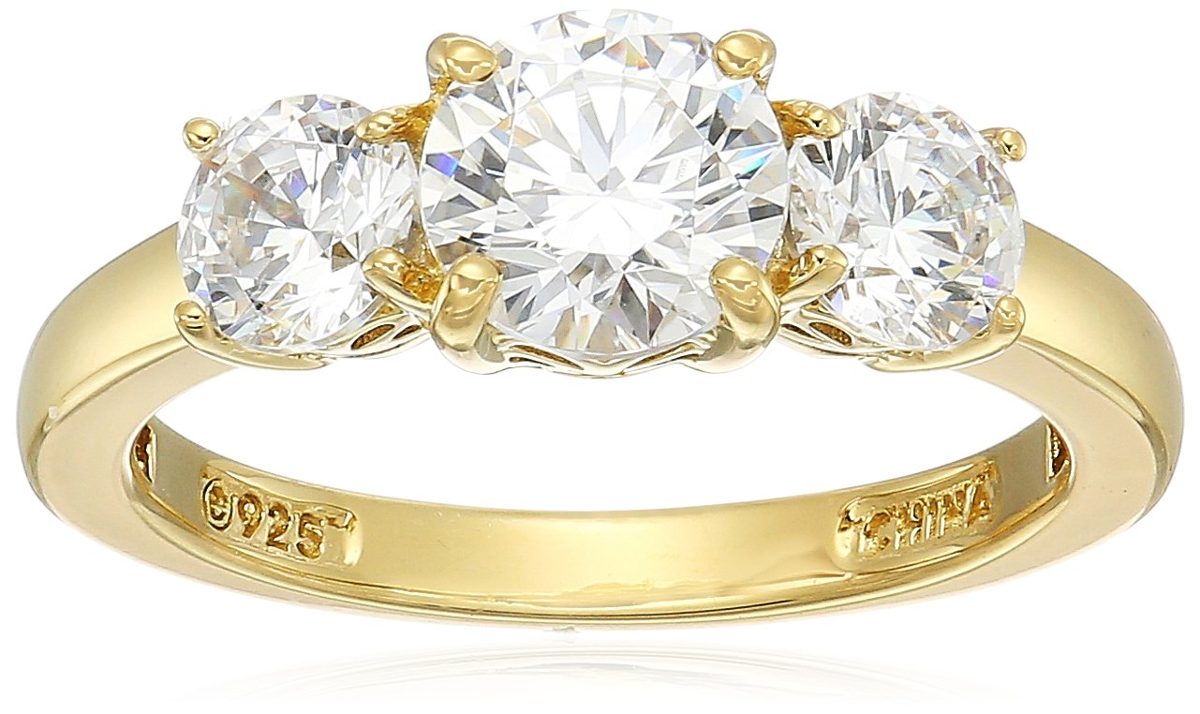 Yellow-Gold-Plated Sterling Silver Round 3-Stone Ring made with Swarovski Zirconia (2 cttw), Size 8