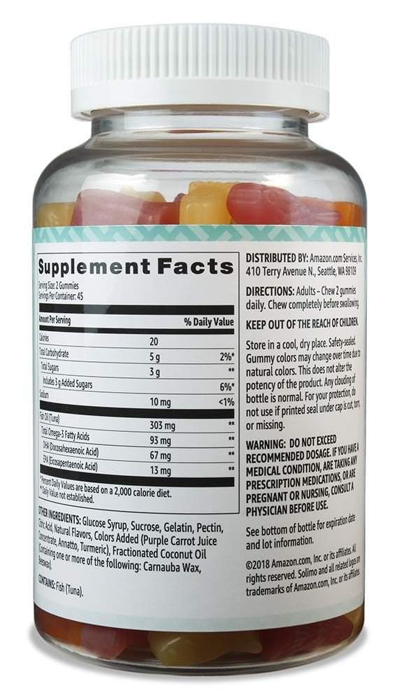 Amazon Brand - Solimo Fish Oil 303 mg, 90 Gummies (2 Gummies per Serving), EPA and DHA Omega-3 fatty acids