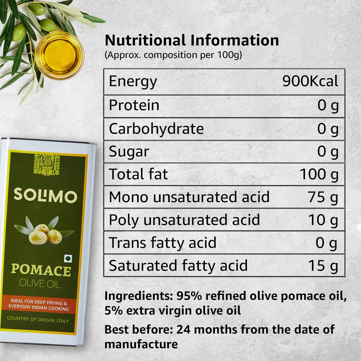 Amazon Brand - Solimo Pomace Olive Oil, 5l