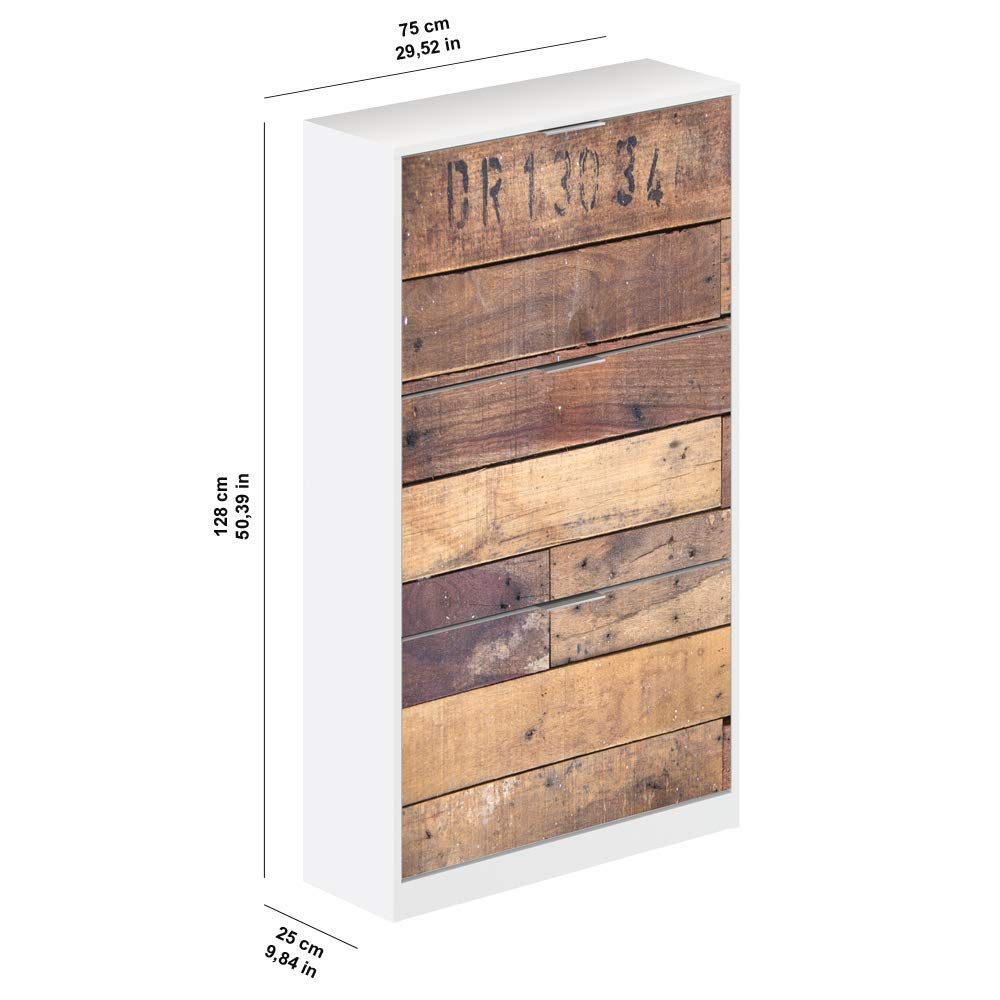 Movian Adour 3-Door Shoe Cabinet/Cupboard/Organizer, 25 x 75 x 128cm, White & Vintage-Wood-Look