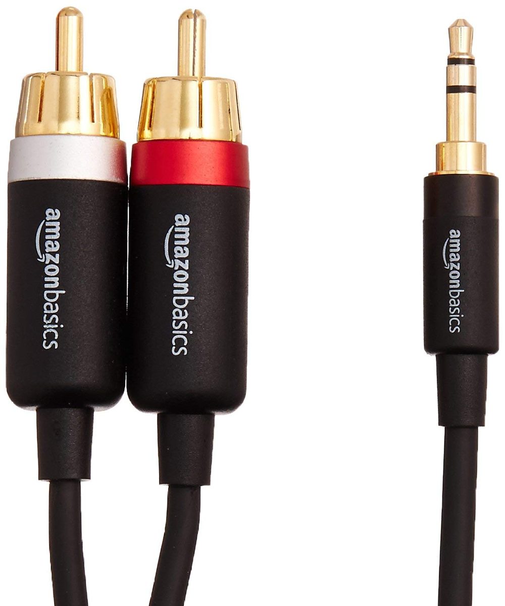 AmazonBasics 3.5mm to 2-Male RCA Adapter Audio Stereo Cable - 8 Feet (Renewed)