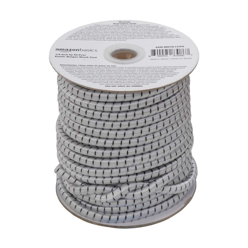 AmazonBasics 1/4-Inch by 50-Feet Elastic Bungee Shock Cord, White + Black Dot, 2-Pack
