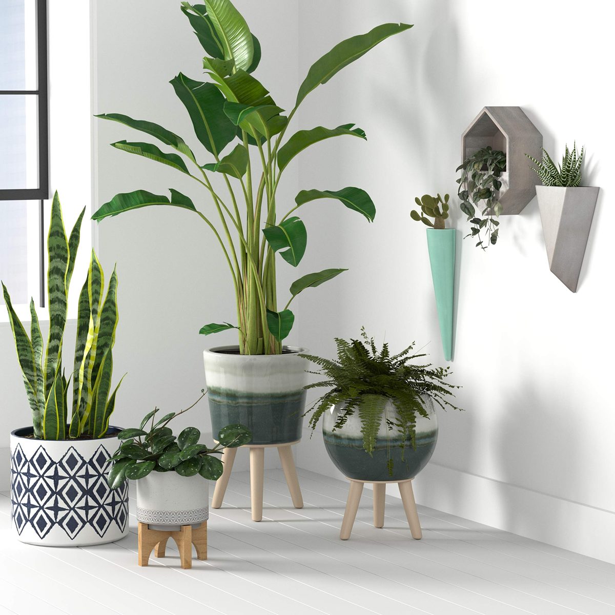 Amazon Brand – Rivet Mid-Century Stoneware Planter with Wood Stand, 11.02"H, Green Ombre