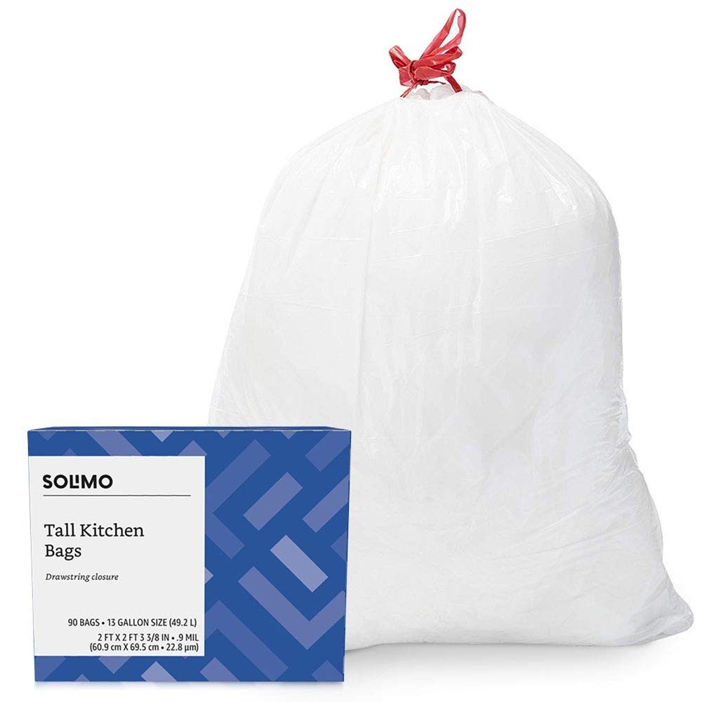Amazon Brand - Solimo Tall Kitchen Drawstring Trash Bags, 13 Gallon, 90 Count & Sandwich Storage Bags, 300 Count