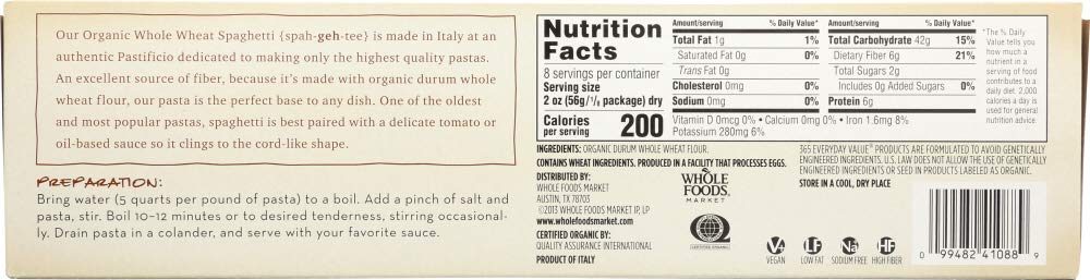 365 EVERYDAY VALUE Organic Whole Wheat Spaghetti, 16 OZ