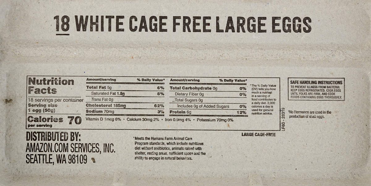 Amazon Brand - Happy Belly Cage Free Large White Eggs, Grade A, 18 Count