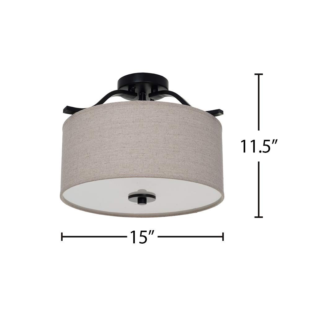Amazon Brand – Ravenna Home Classic Fabric Semi-Flushmount Ceiling Pendant Light Fixture with 3 LED Light Bulbs - 15 x 15 x 11.5 Inches, Dark Bronze