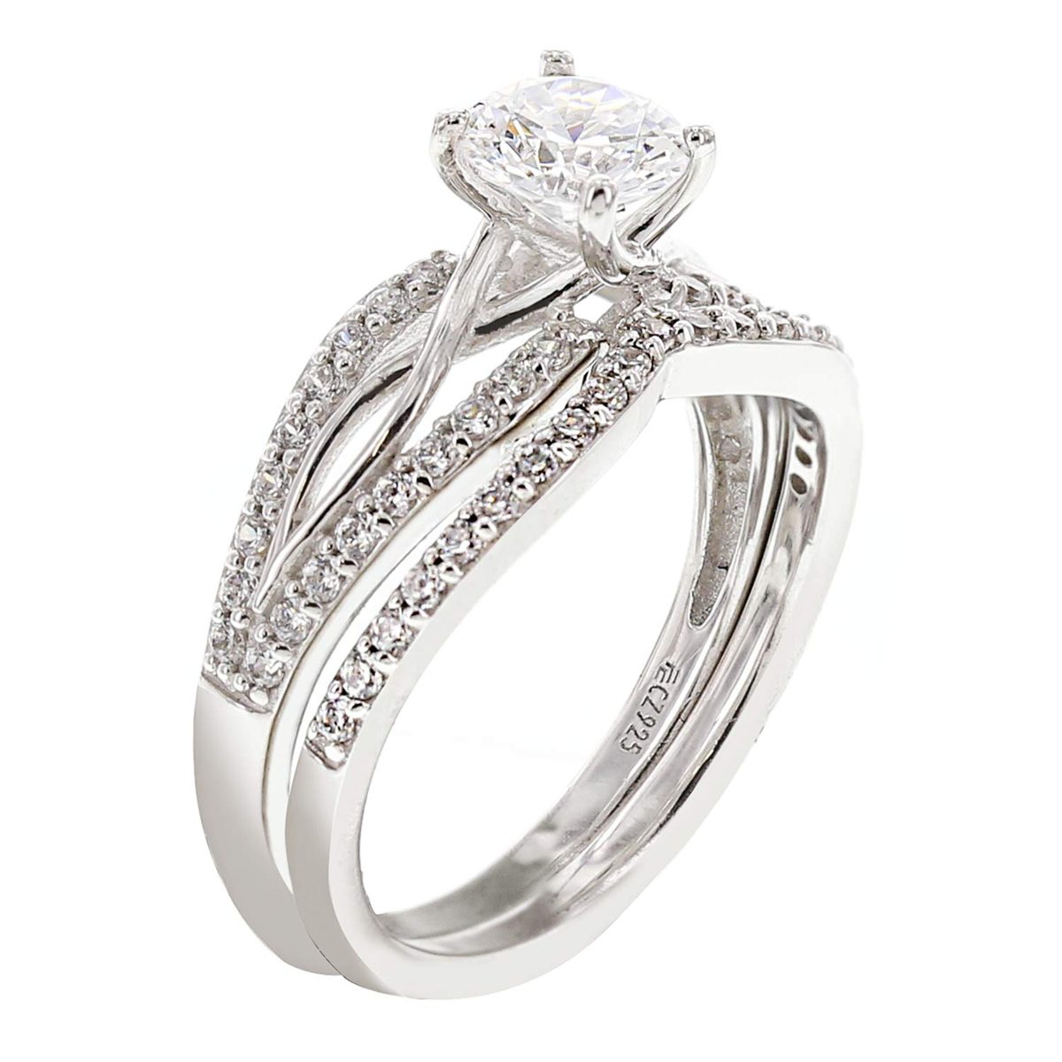 [Find] Amazon Collection Rhodium Plated Sterling Silver Clear Round kattokyu-bikkuzirukoniaburaidaruringusetto, Size 9