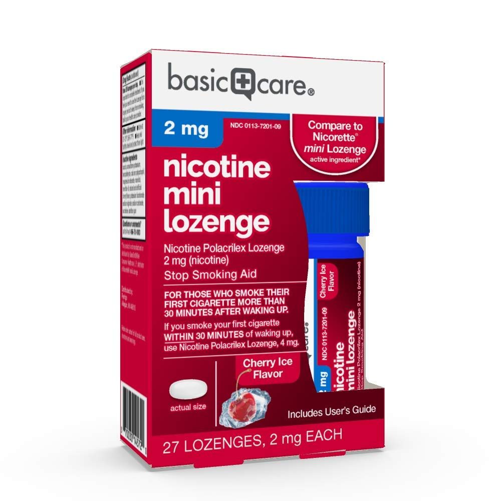 Basic Care Mini Nicotine Polacrilex Lozenge 2 mg (nicotine), Cherry Ice Flavor, Stop Smoking Aid, 27 Count